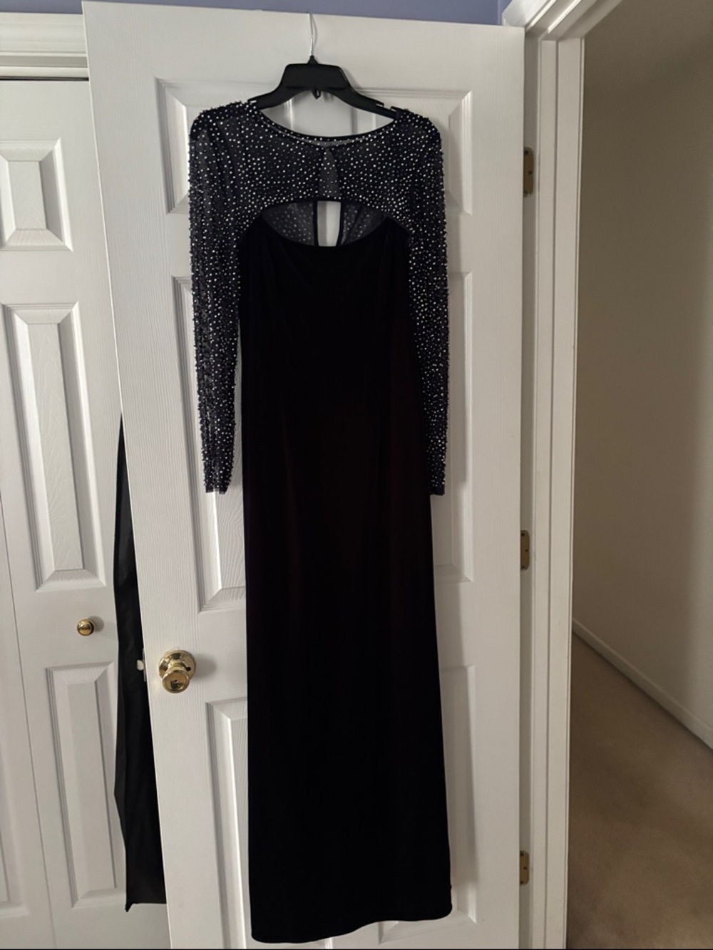 Navy Long Sleeve Beaded Evening Gown